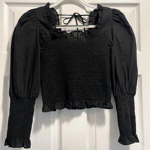 TOPSHOP Women’s Black Smocked Ruffled Puff Long Sleeve blouse Top Size 4 NWOT